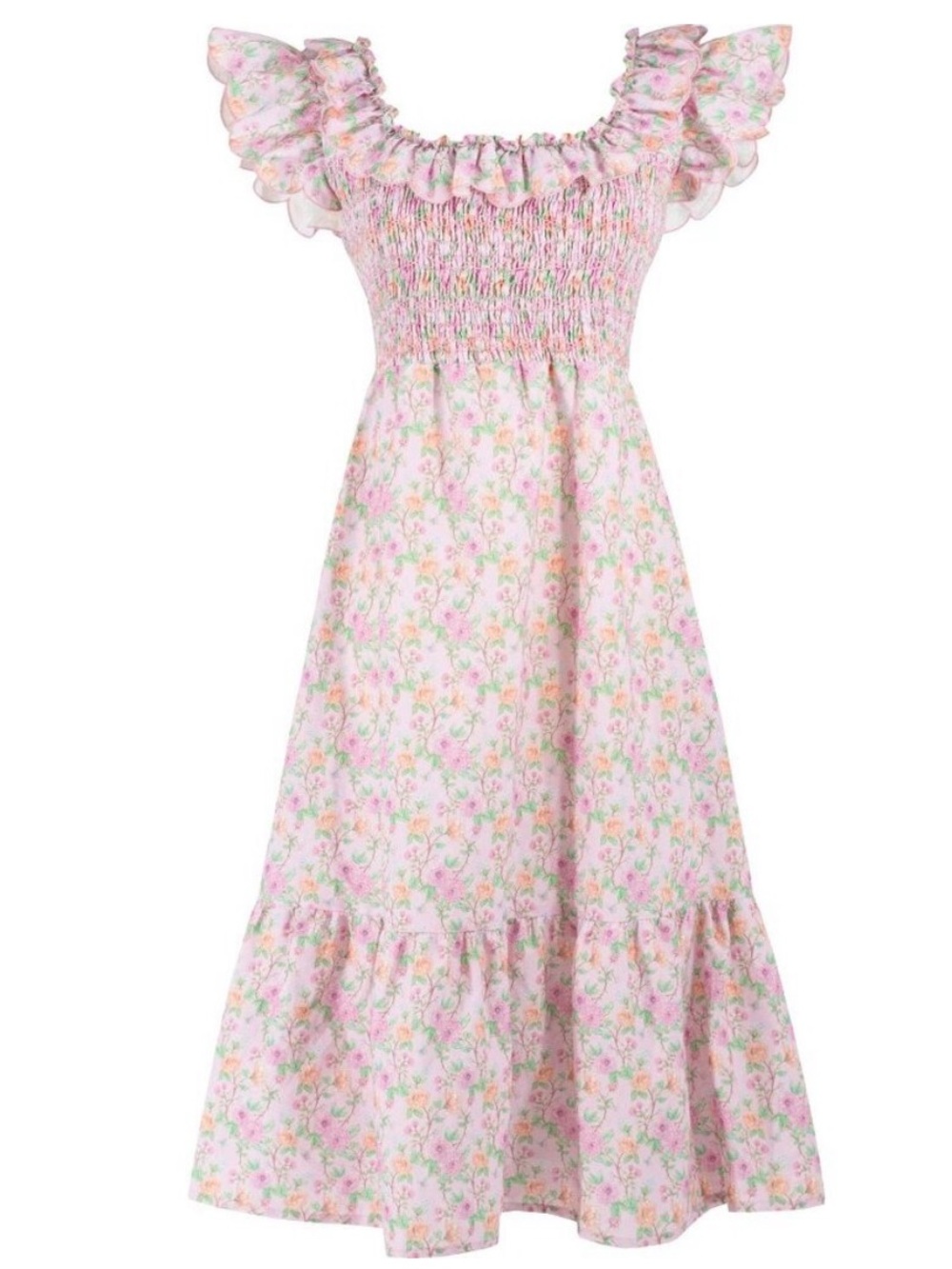 DONDOLO Womens Mary Dress Pink Peony Print Linen Blend Floral Ruffle Midi Sz M